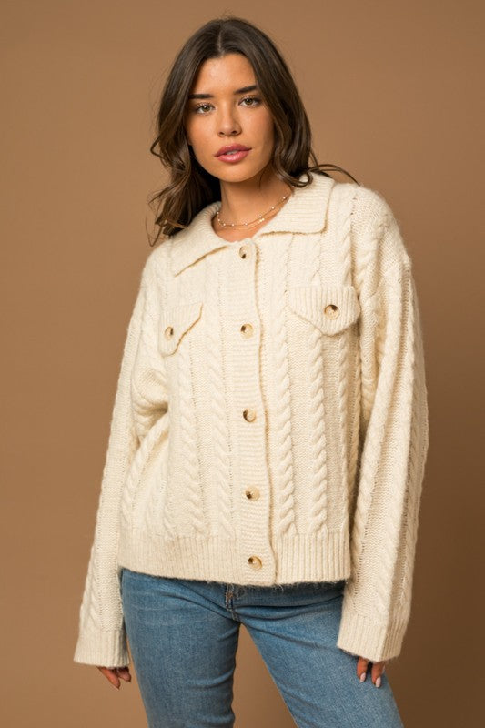 Collared Cable Sweater Cardigan - Corinne's Boutique