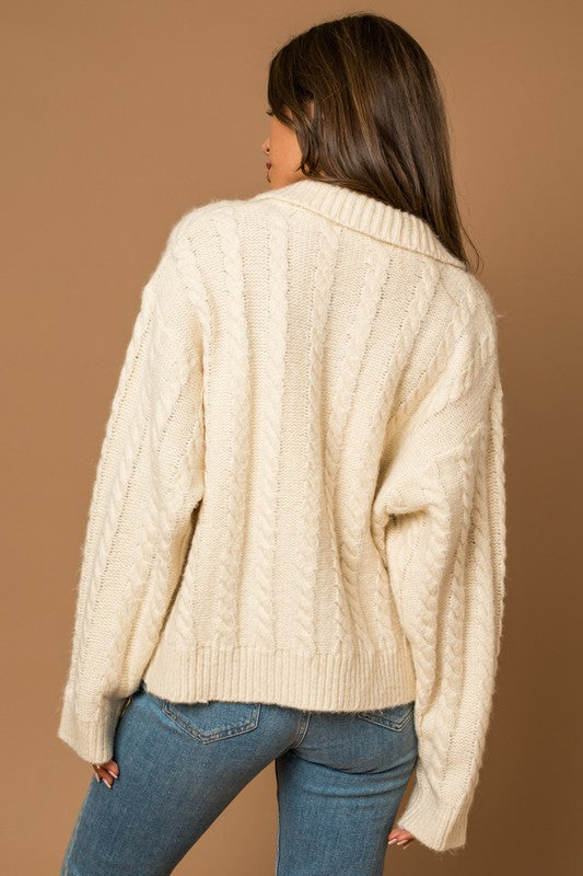 Collared Cable Sweater Cardigan - Corinne's Boutique