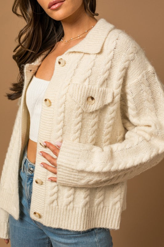 Collared Cable Sweater Cardigan - Corinne's Boutique