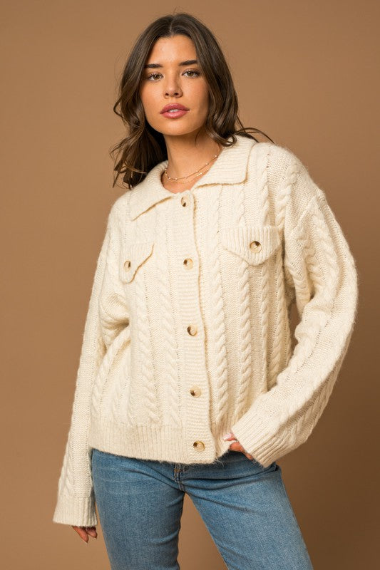 Collared Cable Sweater Cardigan - Corinne's Boutique