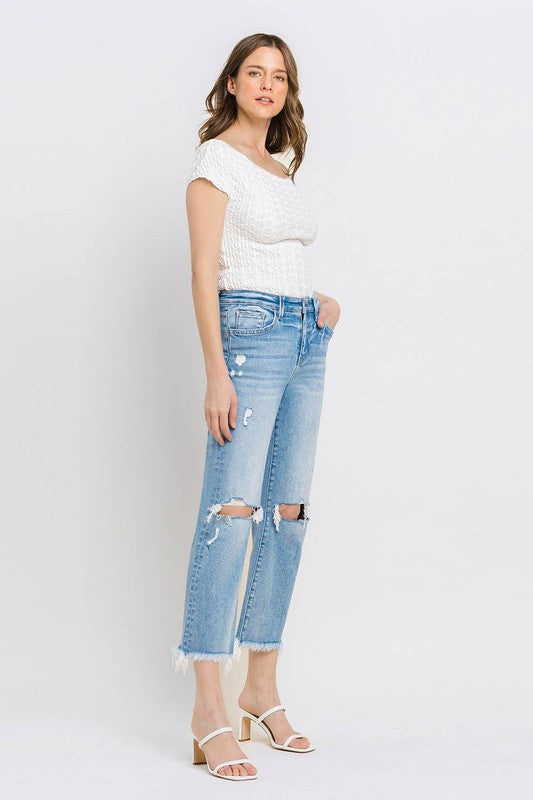 High Rise Frayed Hem Crop Straight Jeans VERVET by Flying Monkey Jeans - Corinne's Boutique