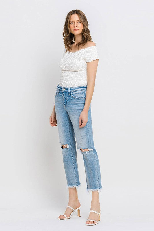 High Rise Frayed Hem Crop Straight Jeans VERVET by Flying Monkey Jeans - Corinne's Boutique