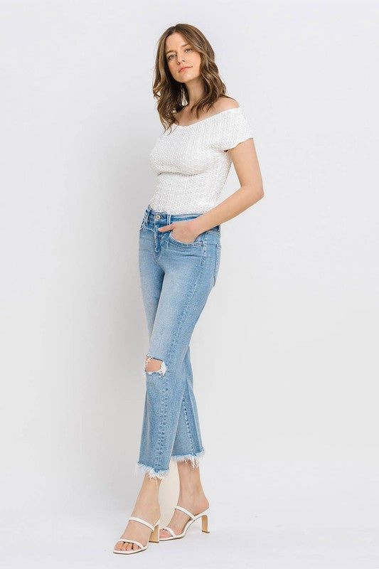 High Rise Frayed Hem Crop Straight Jeans VERVET by Flying Monkey Jeans - Corinne's Boutique