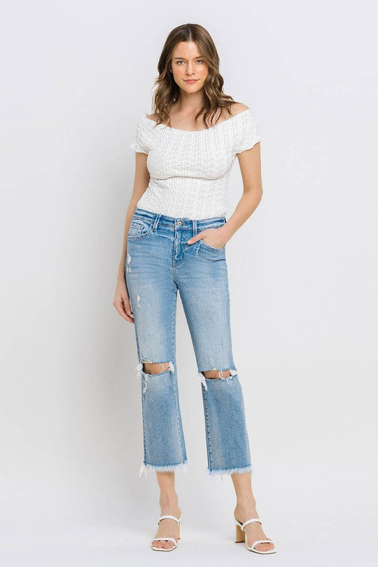 High Rise Frayed Hem Crop Straight Jeans VERVET by Flying Monkey Jeans - Corinne's Boutique