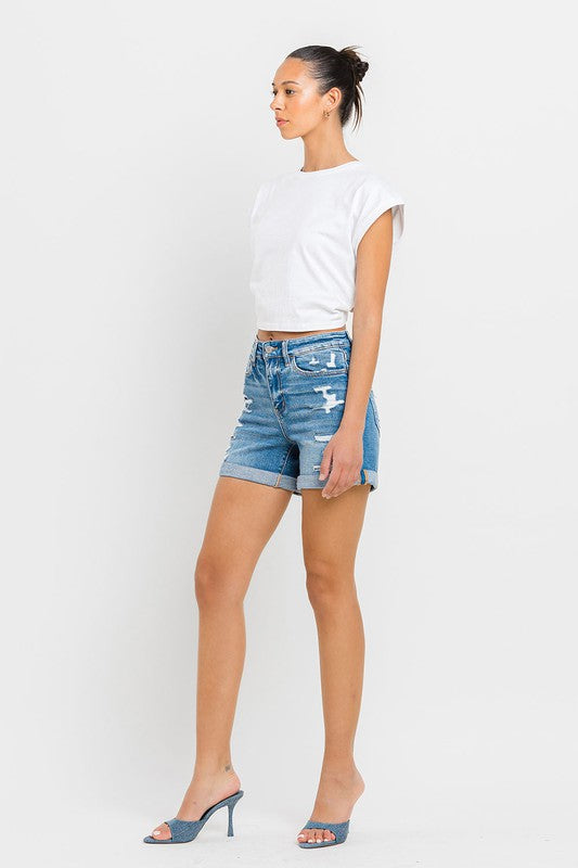 High Rise Double Cuff Shorts by VERVET Flying Monkey Jeans - Corinne's Boutique