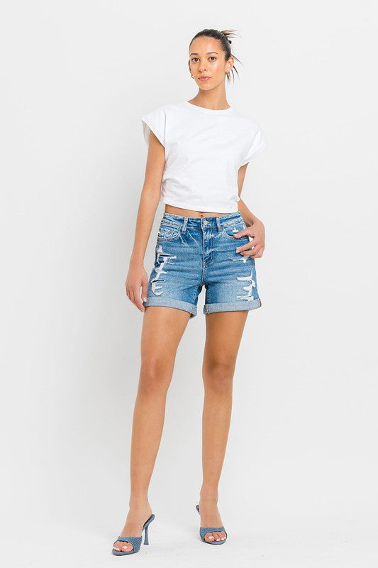 High Rise Double Cuff Shorts by VERVET Flying Monkey Jeans - Corinne's Boutique