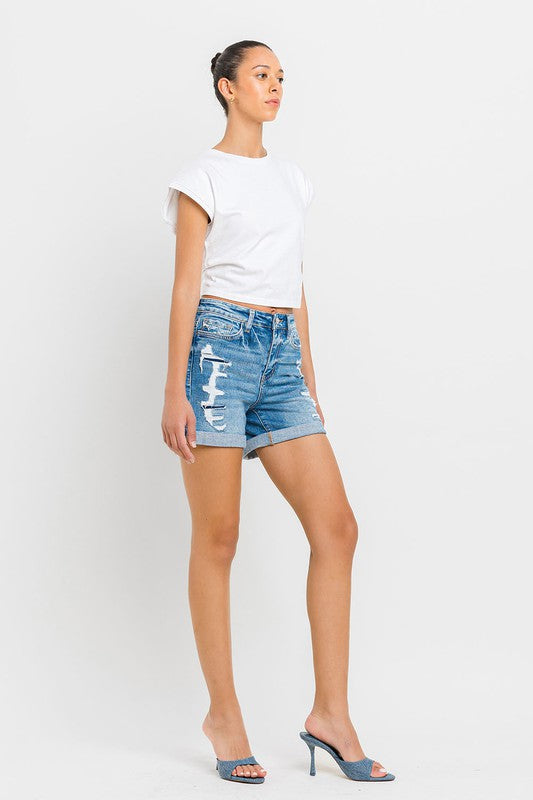 High Rise Double Cuff Shorts by VERVET Flying Monkey Jeans - Corinne's Boutique