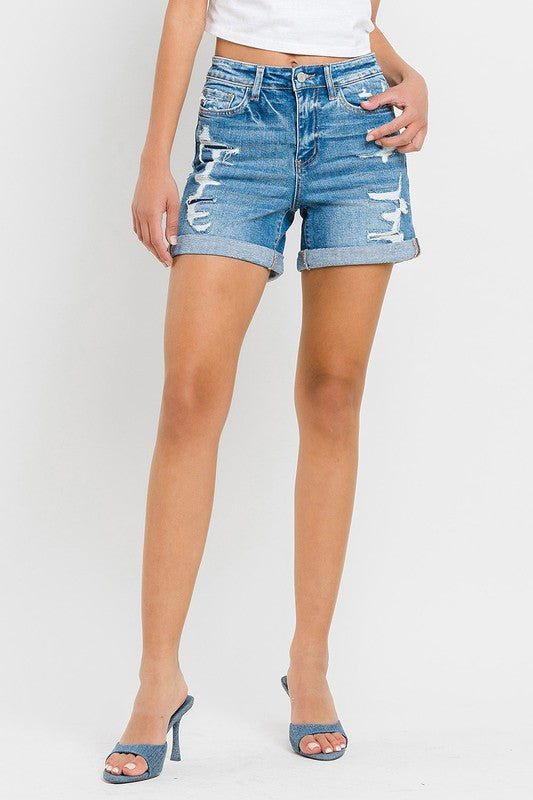 High Rise Double Cuff Shorts by VERVET Flying Monkey Jeans - Corinne's Boutique