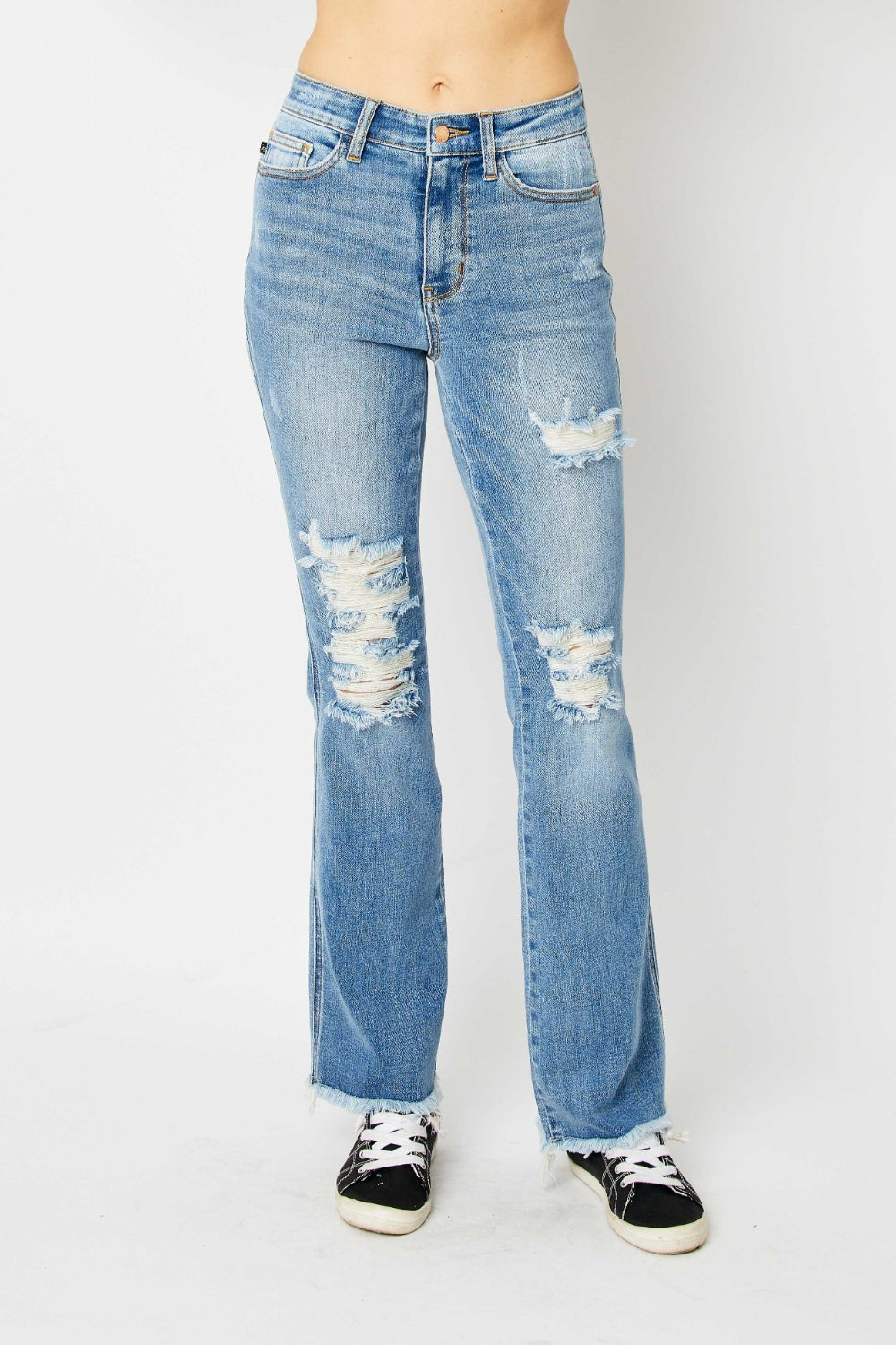 Judy Blue Full Size Distressed Raw Hem Bootcut Jeans - Corinne's Boutique