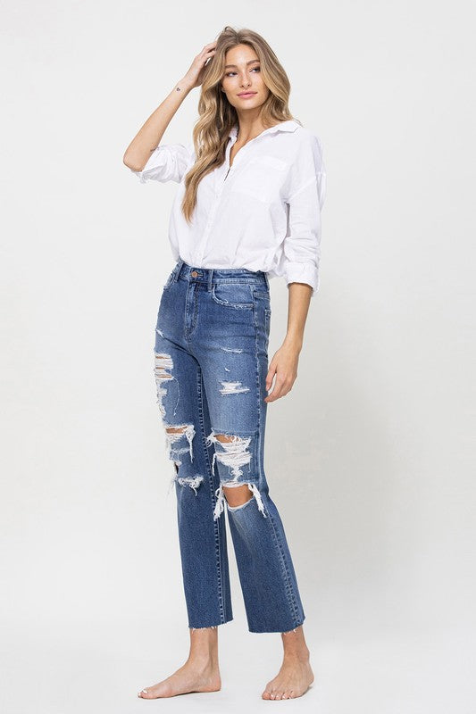 DISTRESSED HIGH RISE ANKLE RELAXED STRAIGHT BY FLYING MONKEY JEANS - Corinne's Boutique