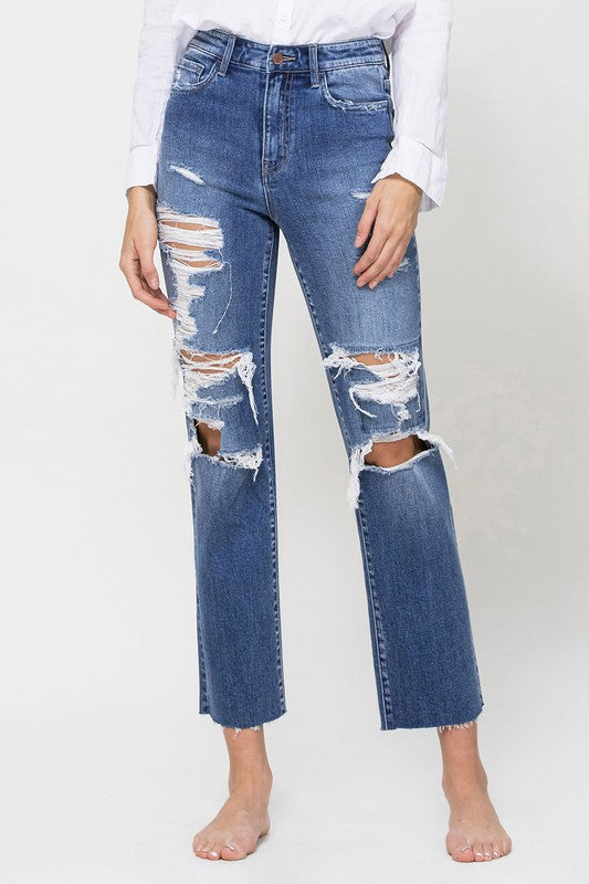 DISTRESSED HIGH RISE ANKLE RELAXED STRAIGHT BY FLYING MONKEY JEANS - Corinne's Boutique