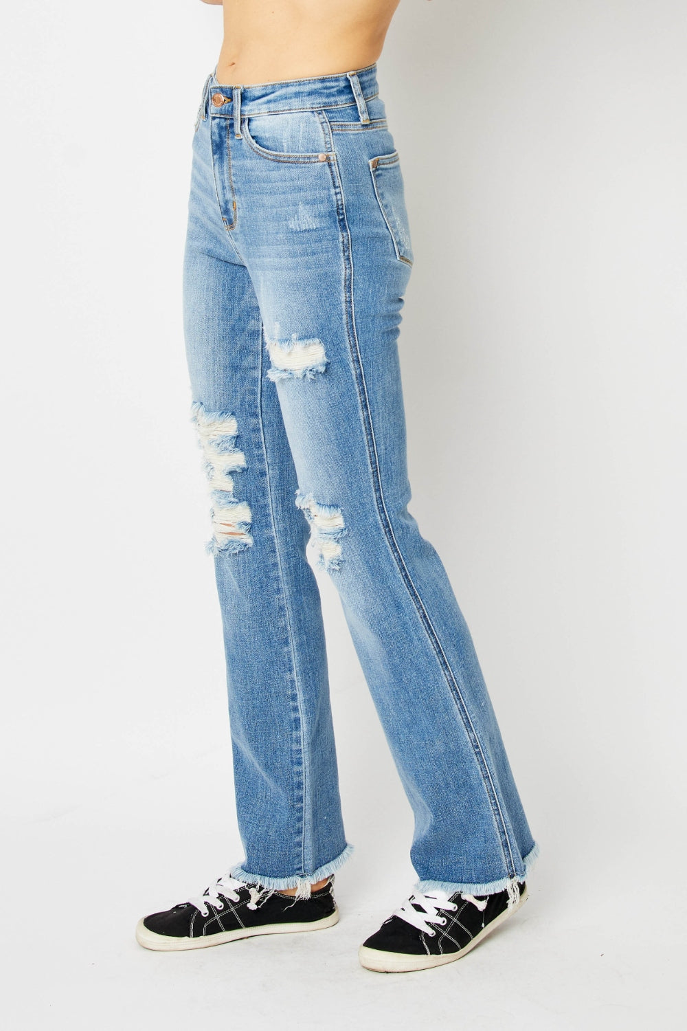 Judy Blue Full Size Distressed Raw Hem Bootcut Jeans - Corinne's Boutique