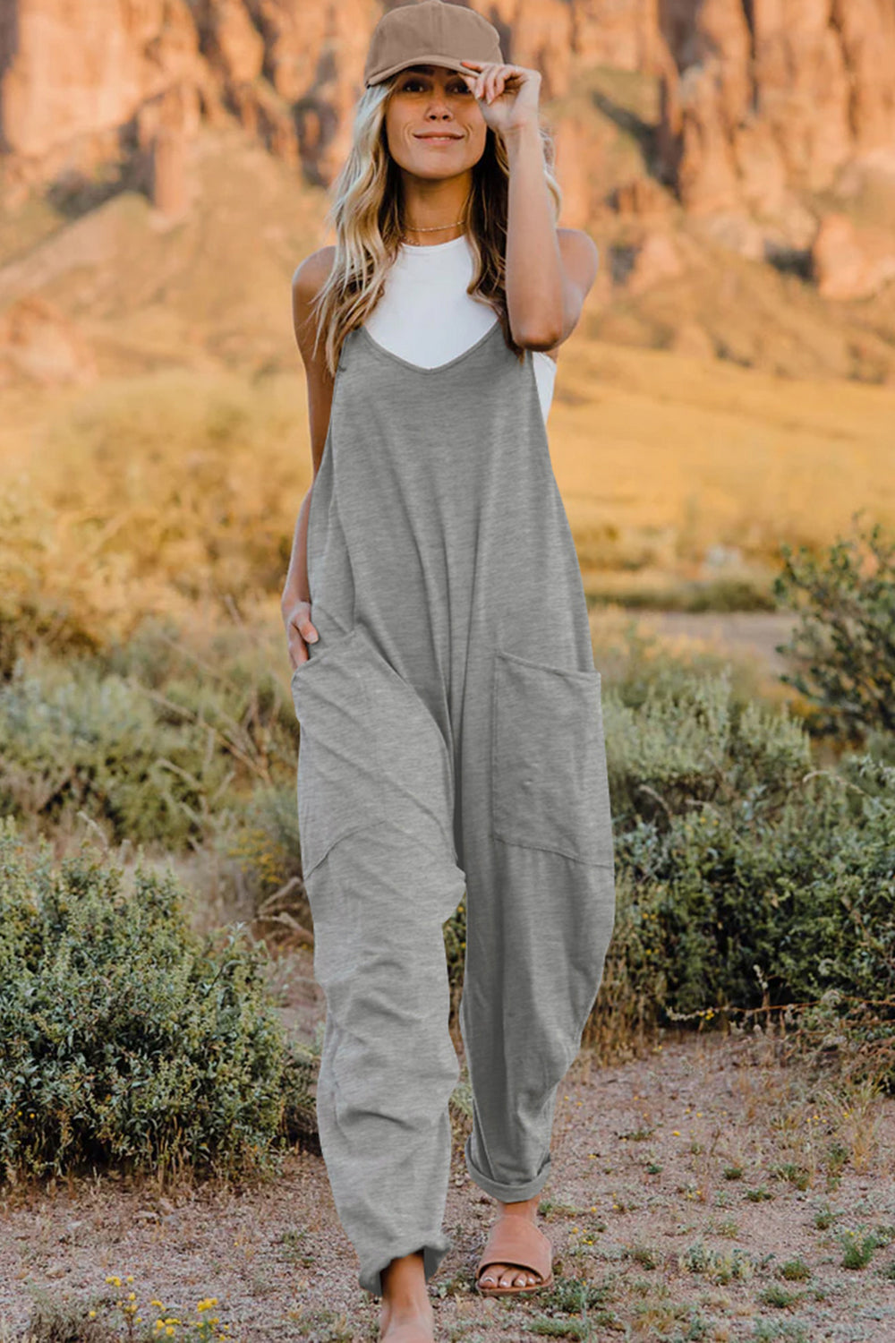 Double Take Full Size V-Neck Sleeveless Jumpsuit with Pockets - Corinne's Boutique