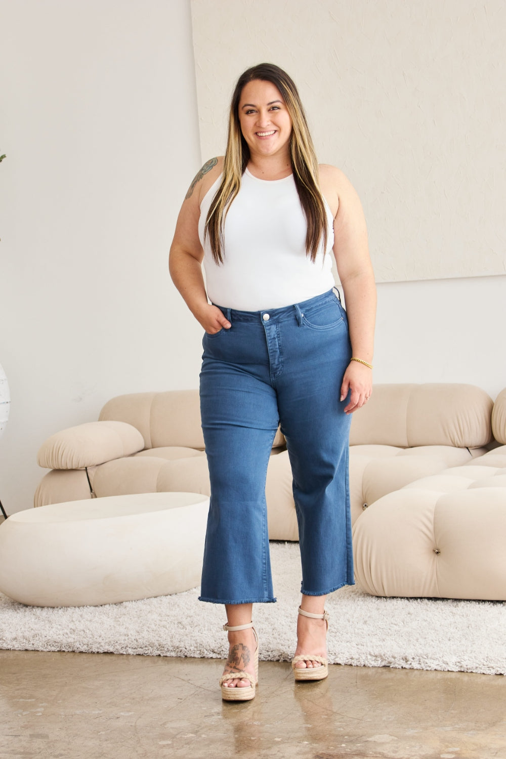 RFM Full Size Tummy Control High Waist Raw Hem Jeans - Corinne's Boutique