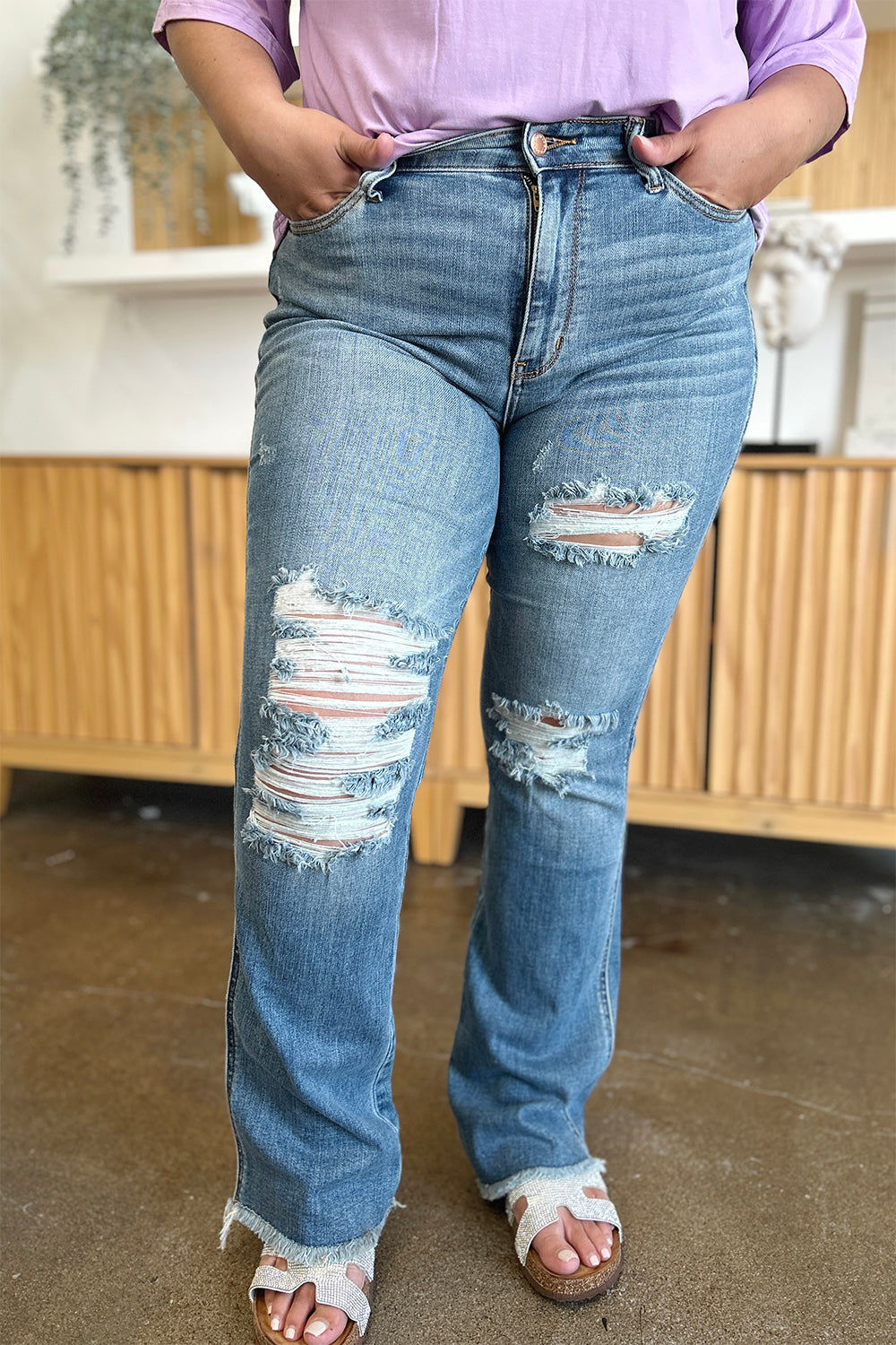 Judy Blue Full Size Distressed Raw Hem Bootcut Jeans - Corinne's Boutique