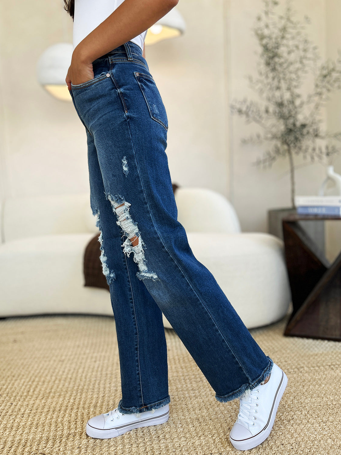 Judy Blue Full Size Mid Rise Distressed Raw Hem Jeans - Corinne's Boutique