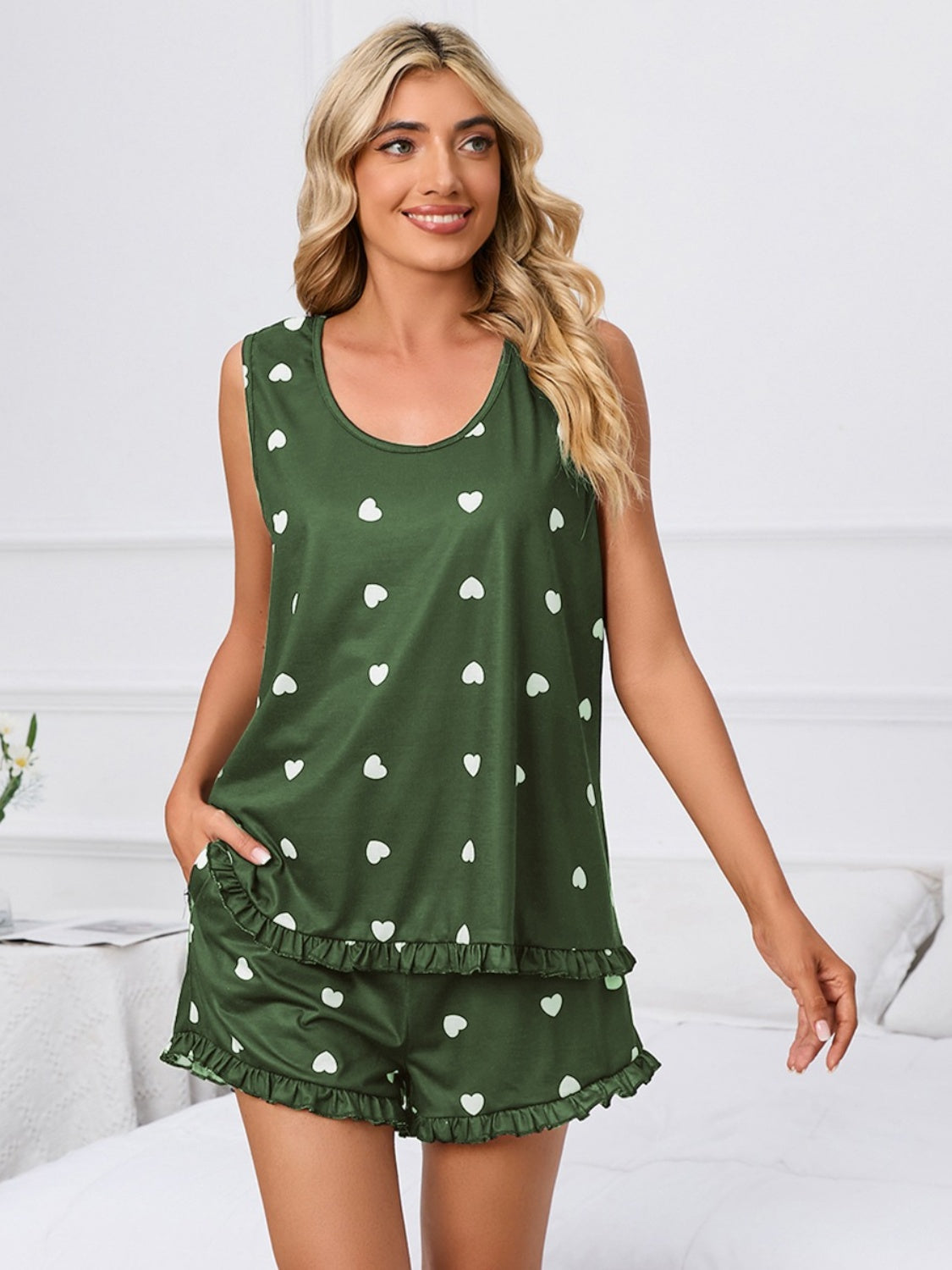 Heart Scoop Neck Tank and Shorts Lounge Set - Corinne's Boutique