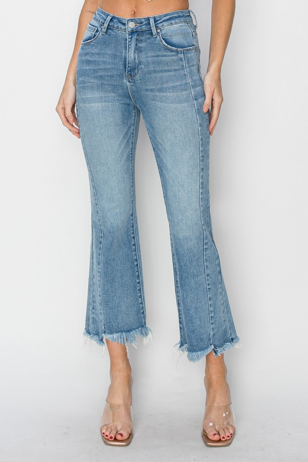 RISEN Full Size High Rise Frayed Hem Flare Jeans - Corinne's Boutique