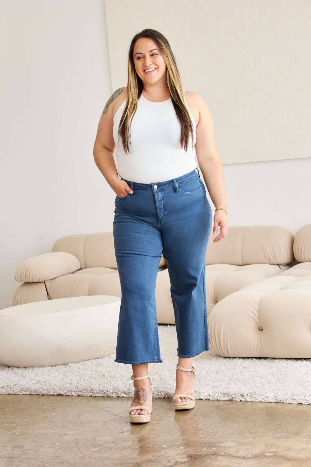 RFM Full Size Tummy Control High Waist Raw Hem Jeans - Corinne's Boutique