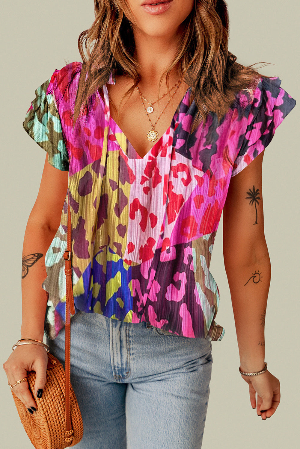 Ruffled Printed Tie Neck Cap Sleeve Blouse - Corinne's Boutique