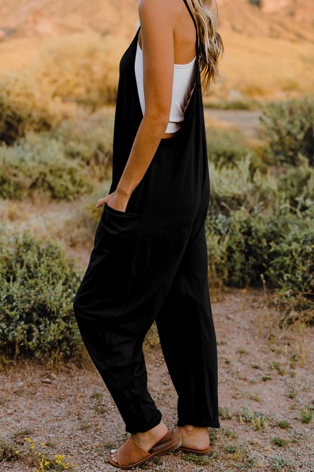 Double Take Full Size V-Neck Sleeveless Jumpsuit with Pockets - Corinne's Boutique