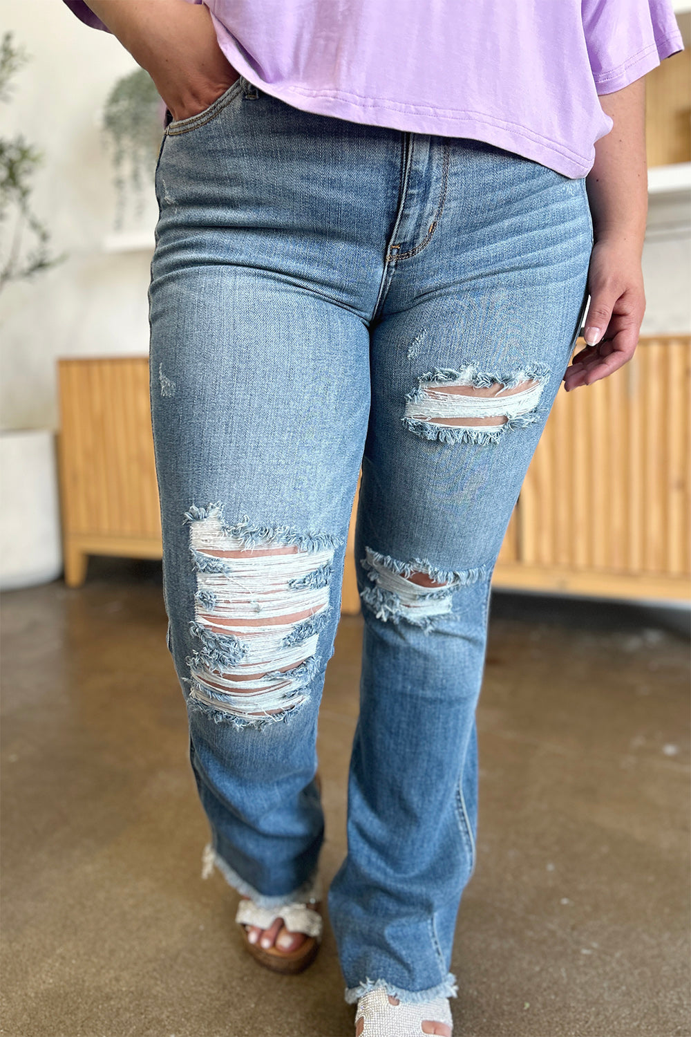 Judy Blue Full Size Distressed Raw Hem Bootcut Jeans - Corinne's Boutique