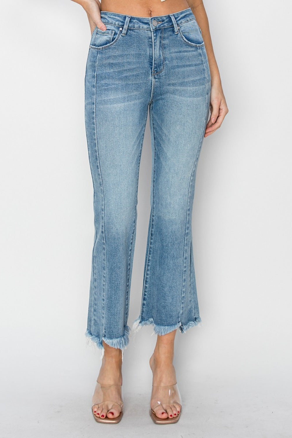 RISEN Full Size High Rise Frayed Hem Flare Jeans - Corinne's Boutique