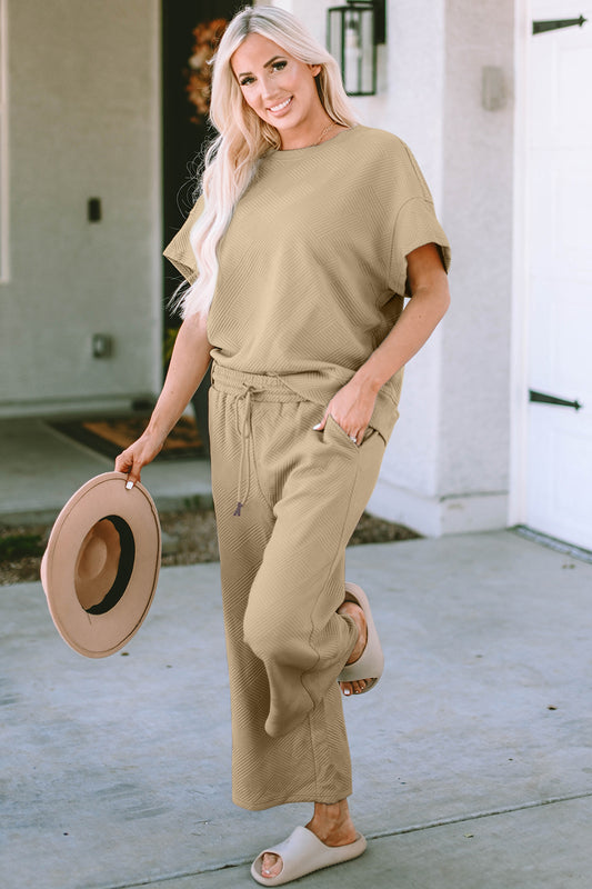 Double Take Full Size Texture Short Sleeve Top and Pants Set - Corinne's Boutique