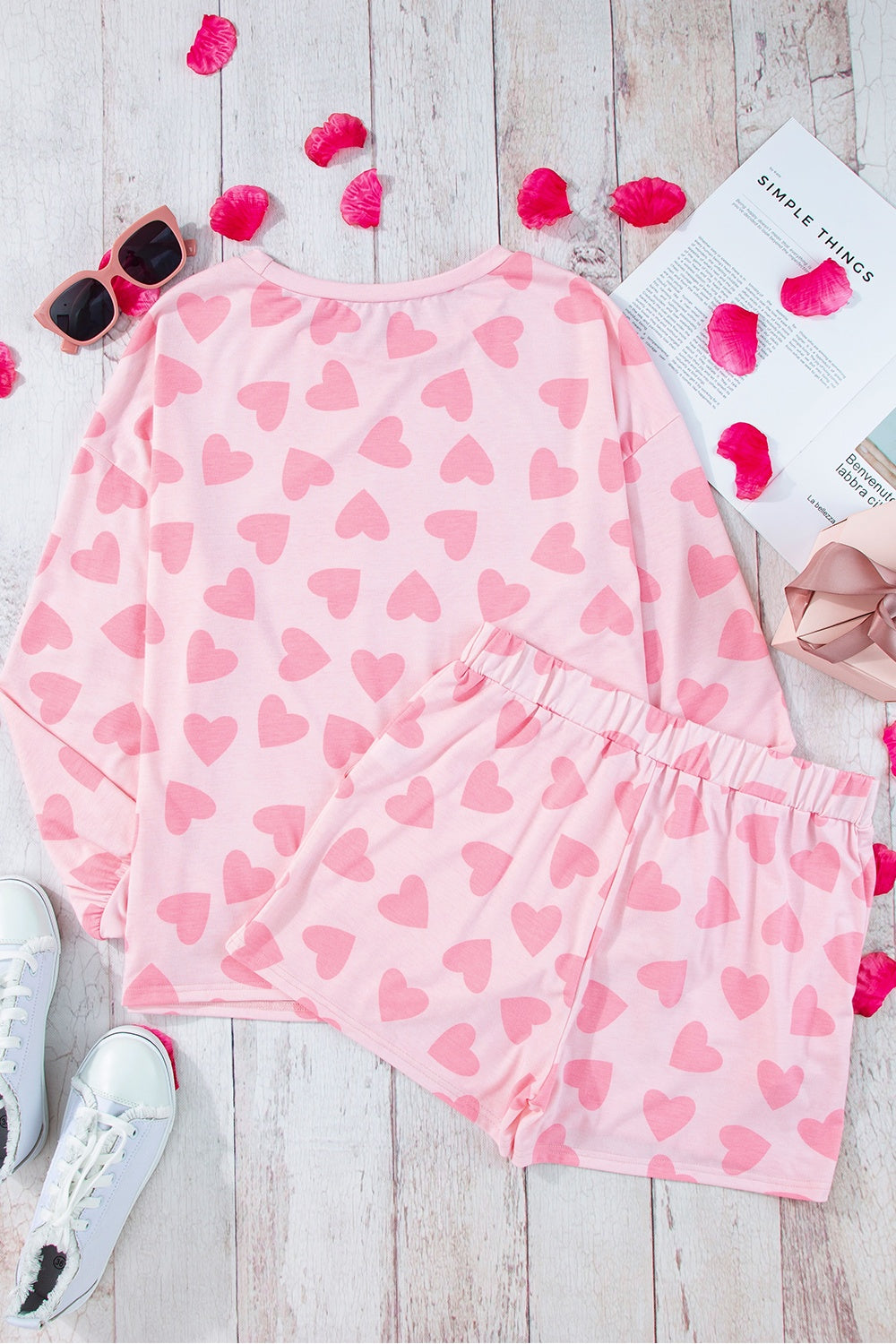 Heart Print Round Neck Top and Shorts Lounge Set - Corinne's Boutique