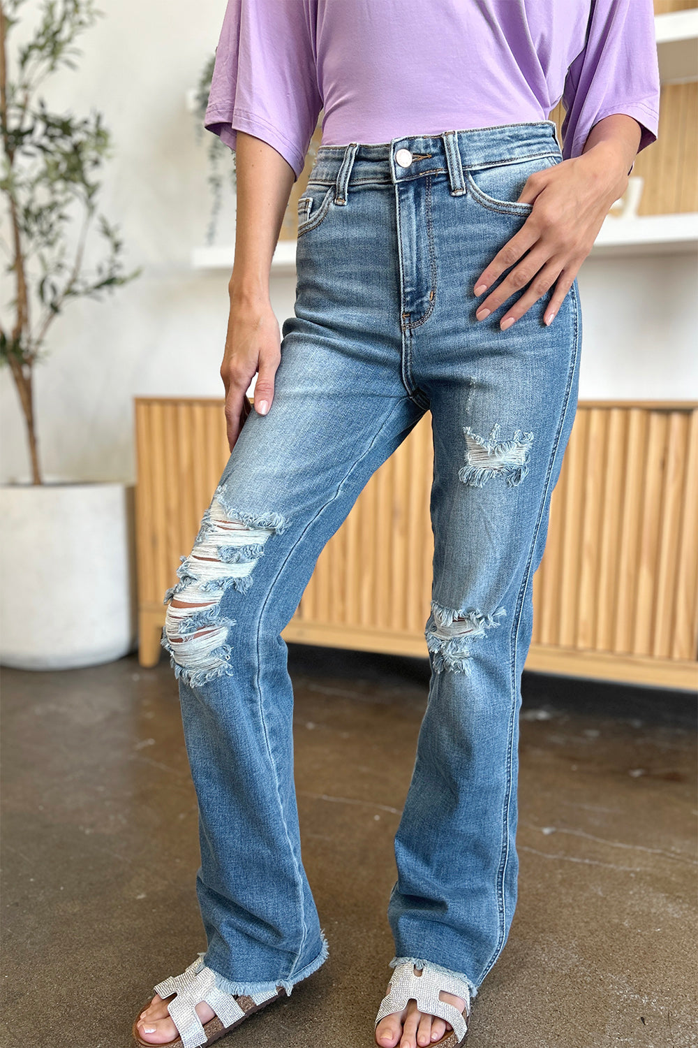 Judy Blue Full Size Distressed Raw Hem Bootcut Jeans - Corinne's Boutique