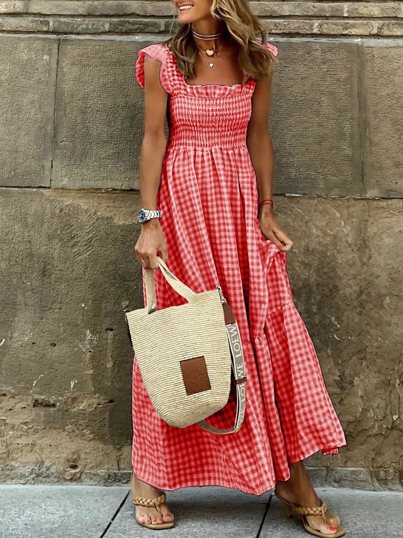 Plaid Ruffle Sleeve Maxi Dress - Corinne's Boutique