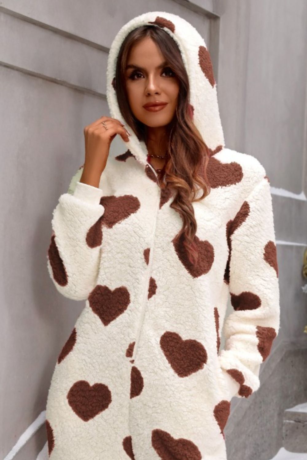 Fuzzy Heart Zip Up Hooded Lounge Jumpsuit - Corinne's Boutique