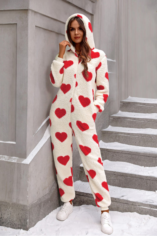 Fuzzy Heart Zip Up Hooded Lounge Jumpsuit - Corinne's Boutique