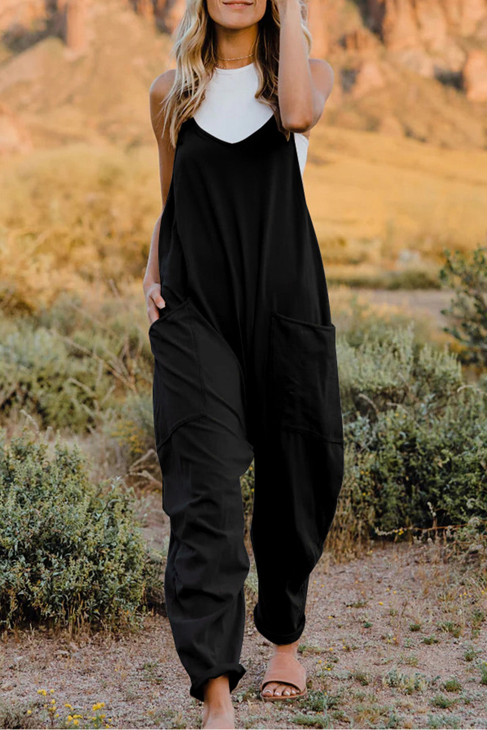 Double Take Full Size V-Neck Sleeveless Jumpsuit with Pockets - Corinne's Boutique