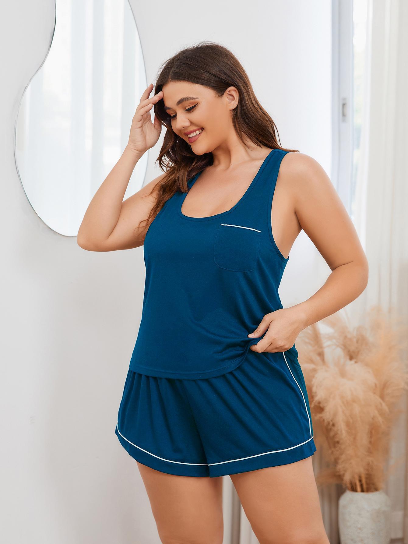 Plus Size Contrast Piping Racerback Tank and Shorts Lounge Set - Corinne's Boutique