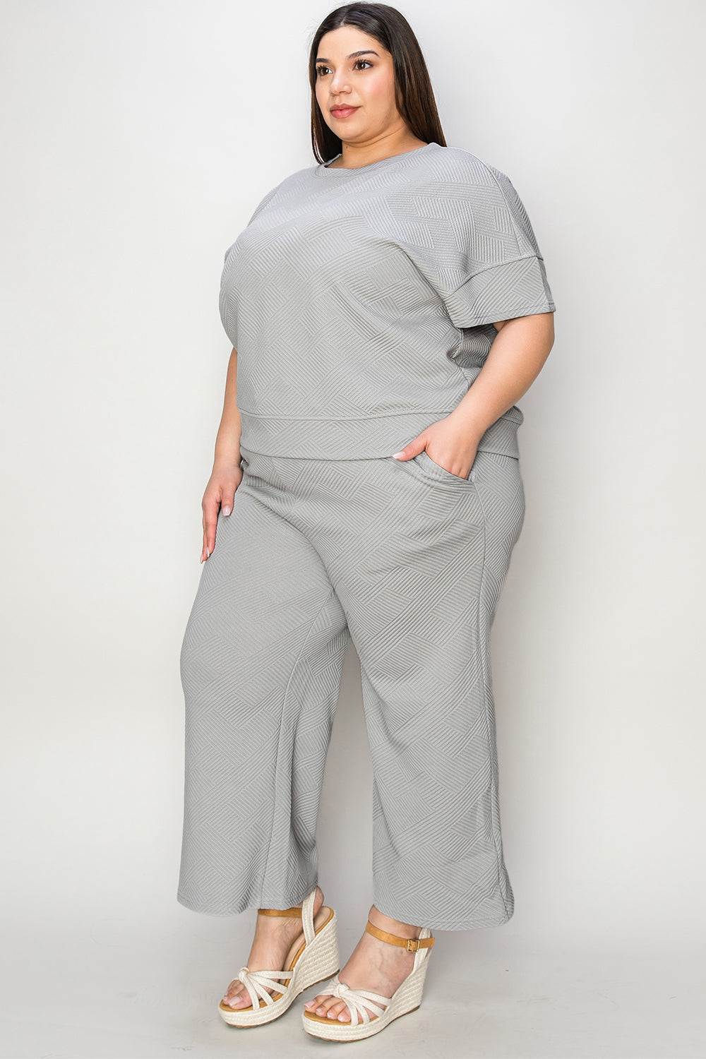 Double Take Full Size Texture Short Sleeve Top and Pants Set - Corinne's Boutique