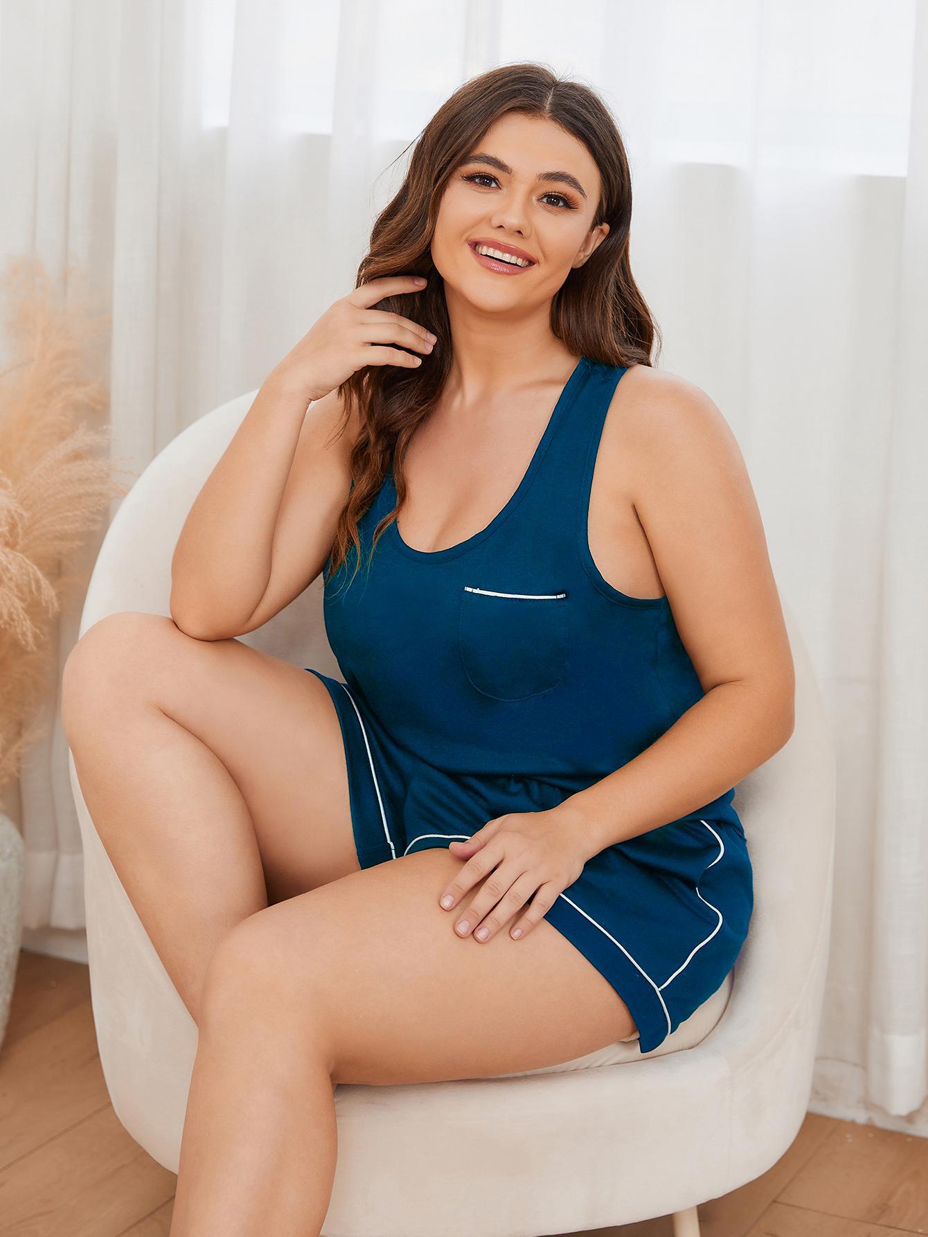 Plus Size Contrast Piping Racerback Tank and Shorts Lounge Set - Corinne's Boutique