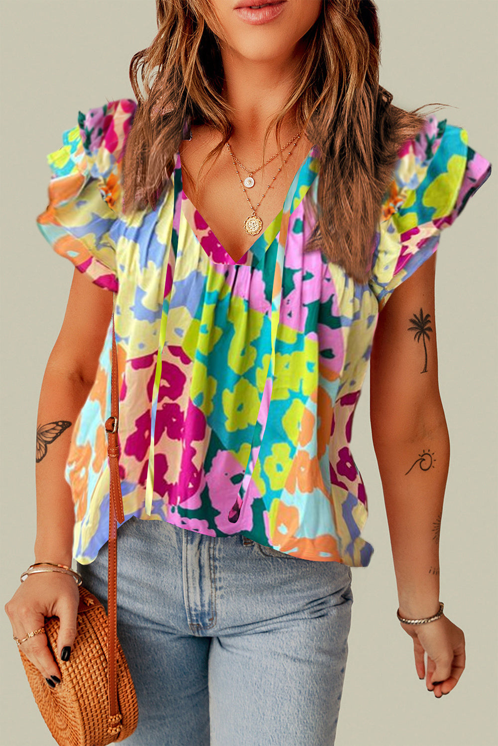 Ruffled Printed Tie Neck Cap Sleeve Blouse - Corinne's Boutique