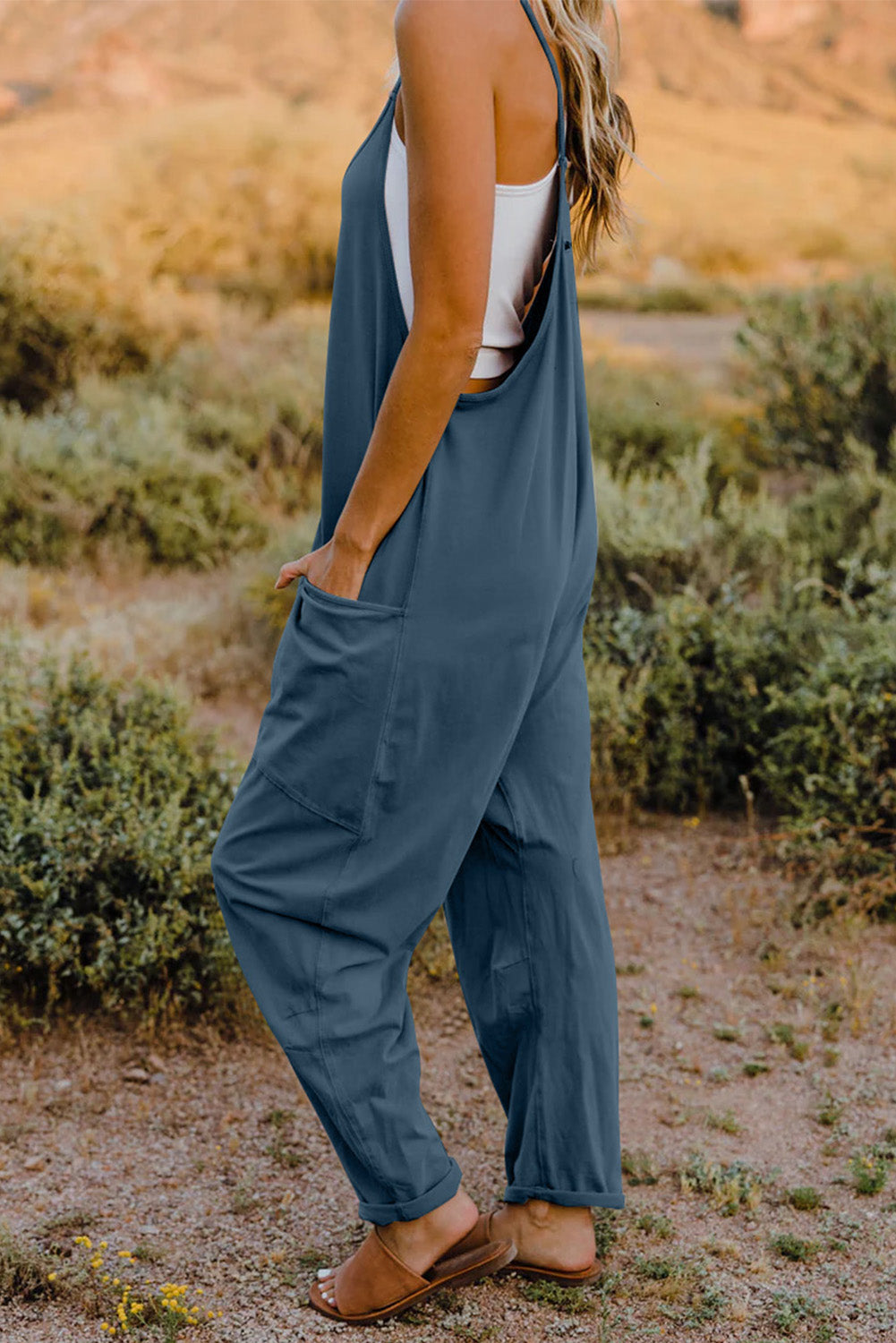 Double Take Full Size V-Neck Sleeveless Jumpsuit with Pockets - Corinne's Boutique