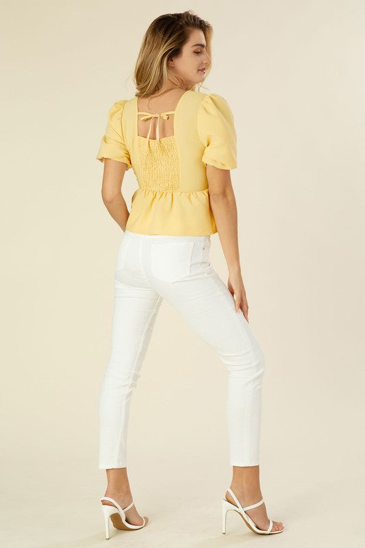 Bubble Sleeve Blouse with Peplum Waist - Corinne's Boutique