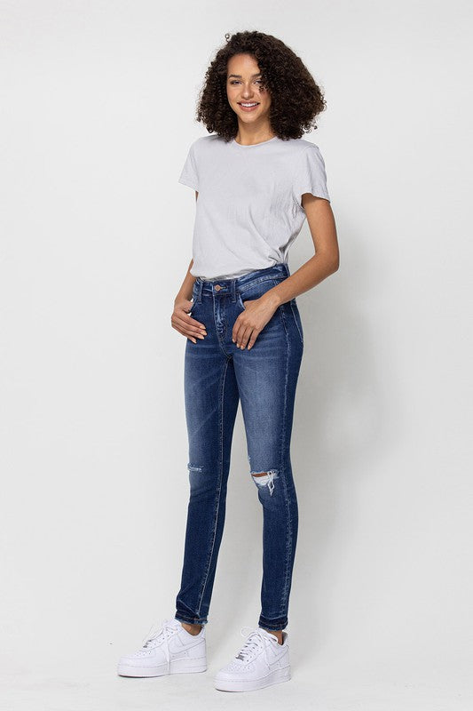 MID RISE ANKLE SKINNY DISTRESSED HEM FLYING MONKEY JEANS - Corinne's Boutique