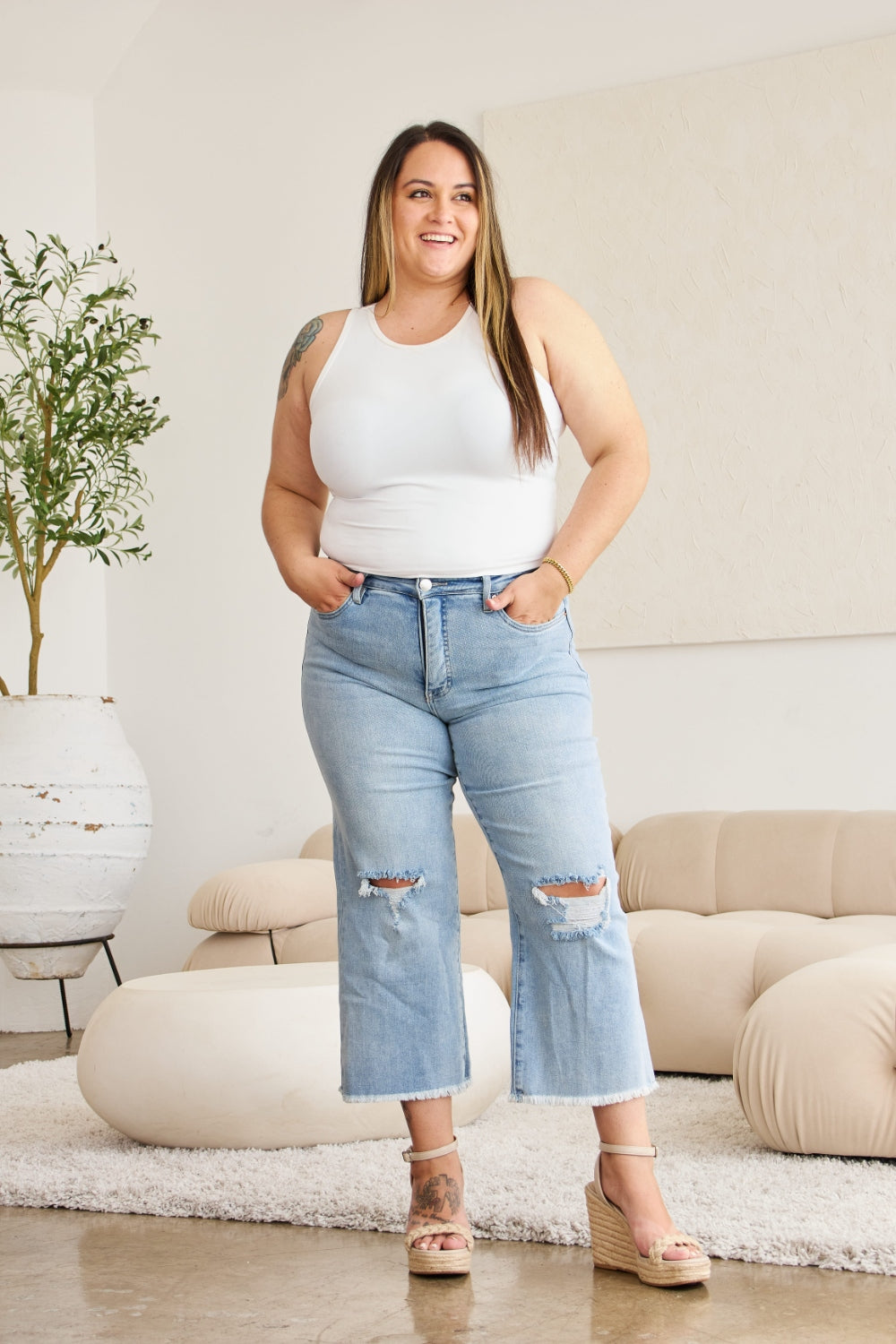 RFM Full Size Tummy Control High Waist Raw Hem Distressed Jeans - Corinne's Boutique