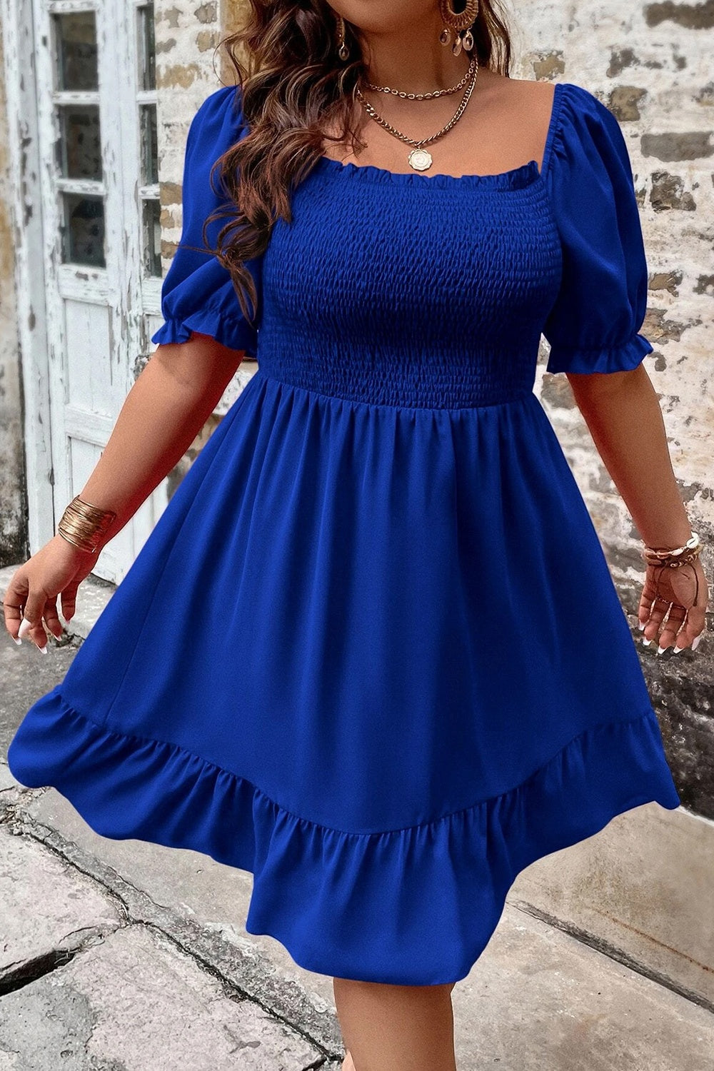 Plus Size Smocked Square Neck Short Sleeve Dress - Corinne's Boutique