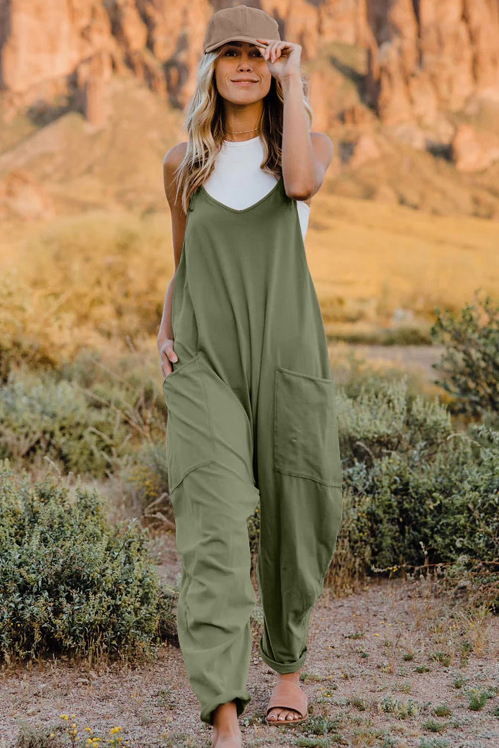 Double Take Full Size V-Neck Sleeveless Jumpsuit with Pockets - Corinne's Boutique