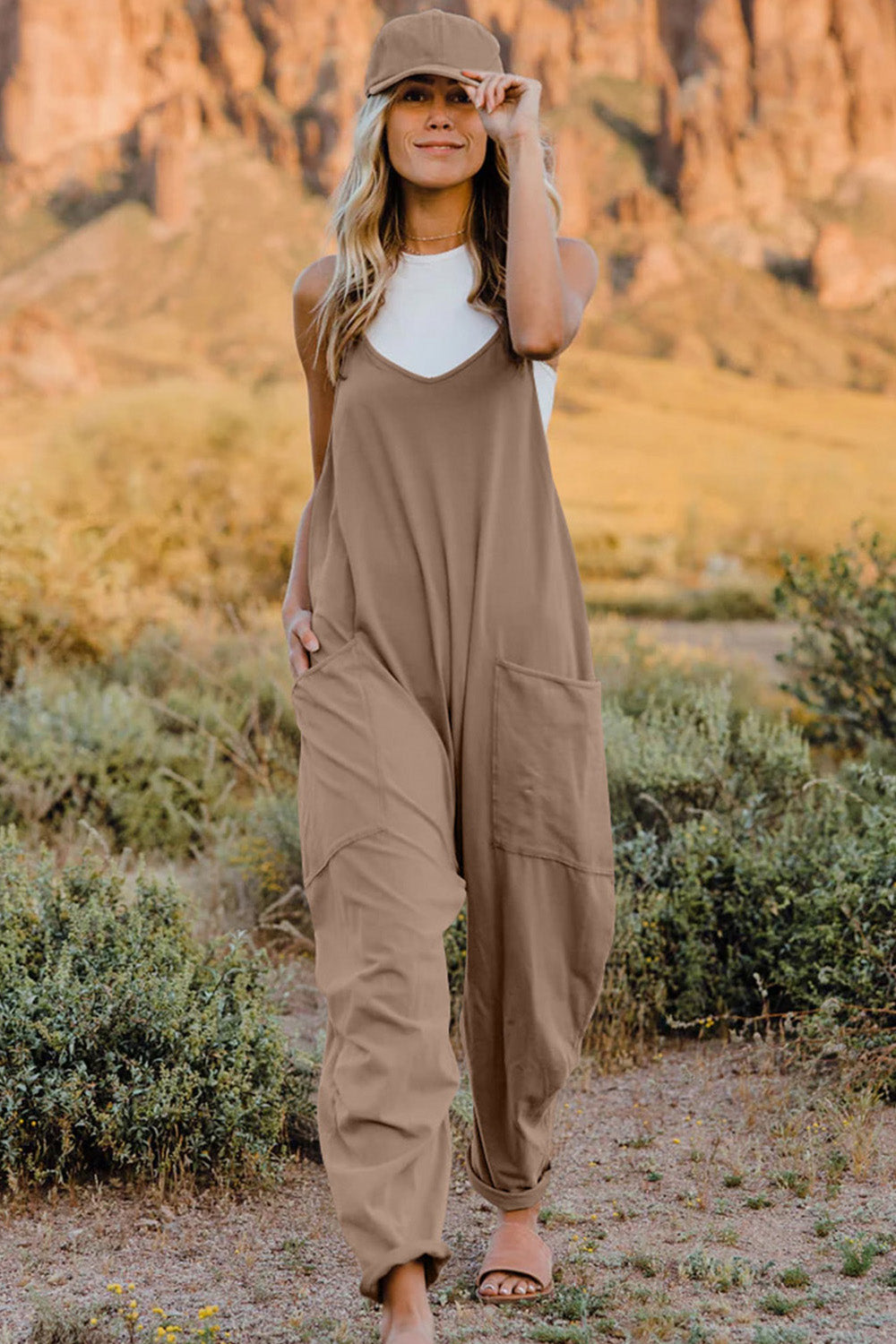 Double Take Full Size V-Neck Sleeveless Jumpsuit with Pockets - Corinne's Boutique