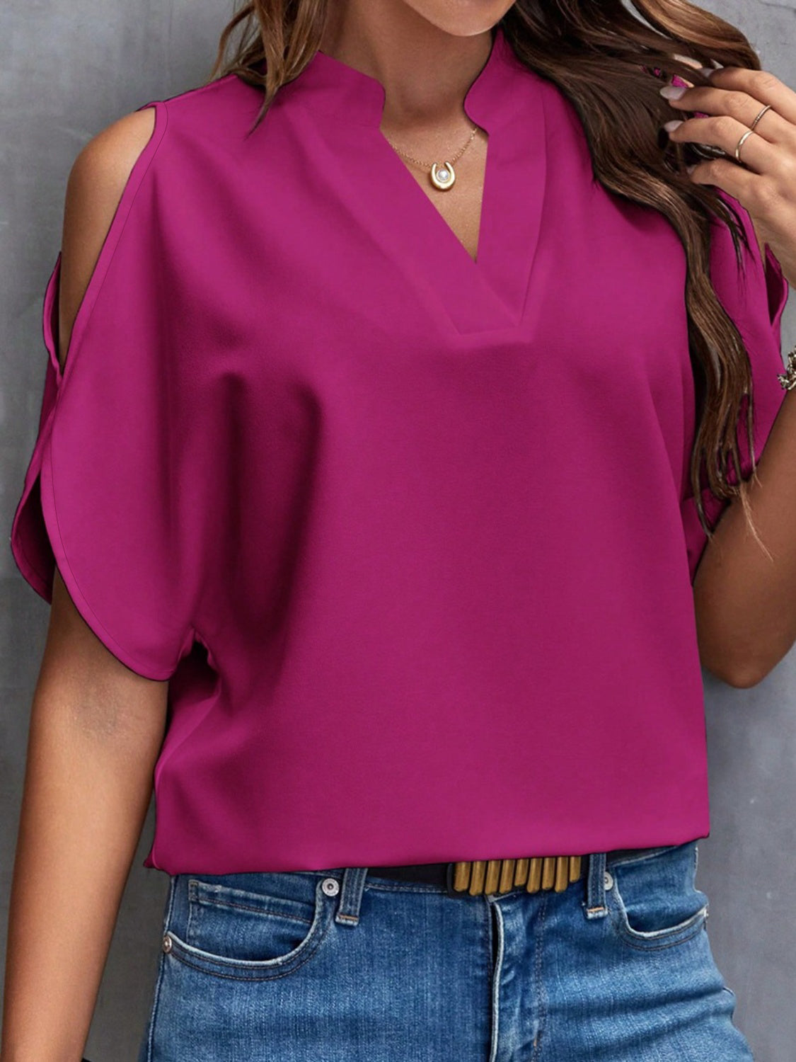 Notched Cold Shoulder Blouse - Corinne's Boutique