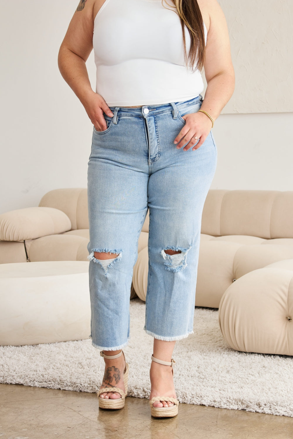 RFM Full Size Tummy Control High Waist Raw Hem Distressed Jeans - Corinne's Boutique