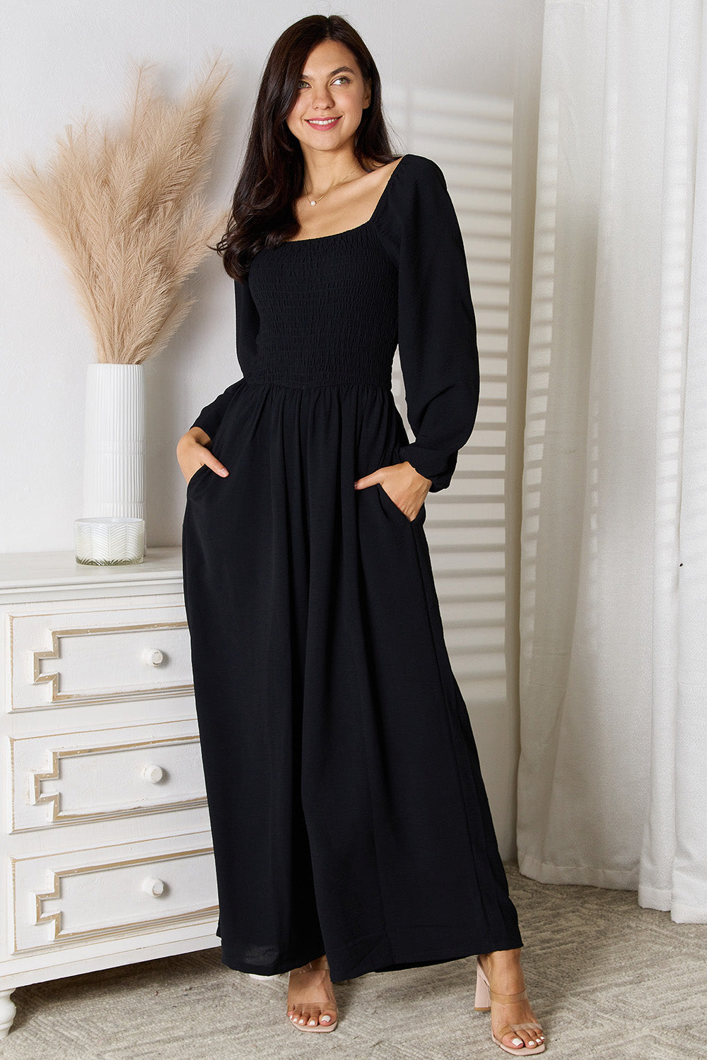 Square Neck Jumpsuit with Pockets - Corinne's Boutique