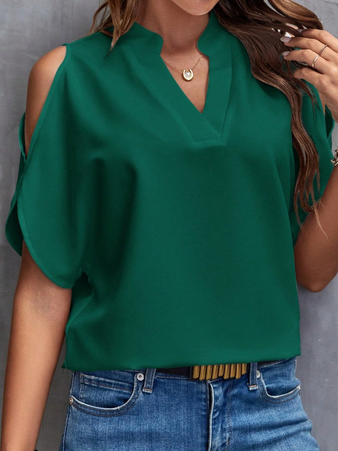 Notched Cold Shoulder Blouse - Corinne's Boutique