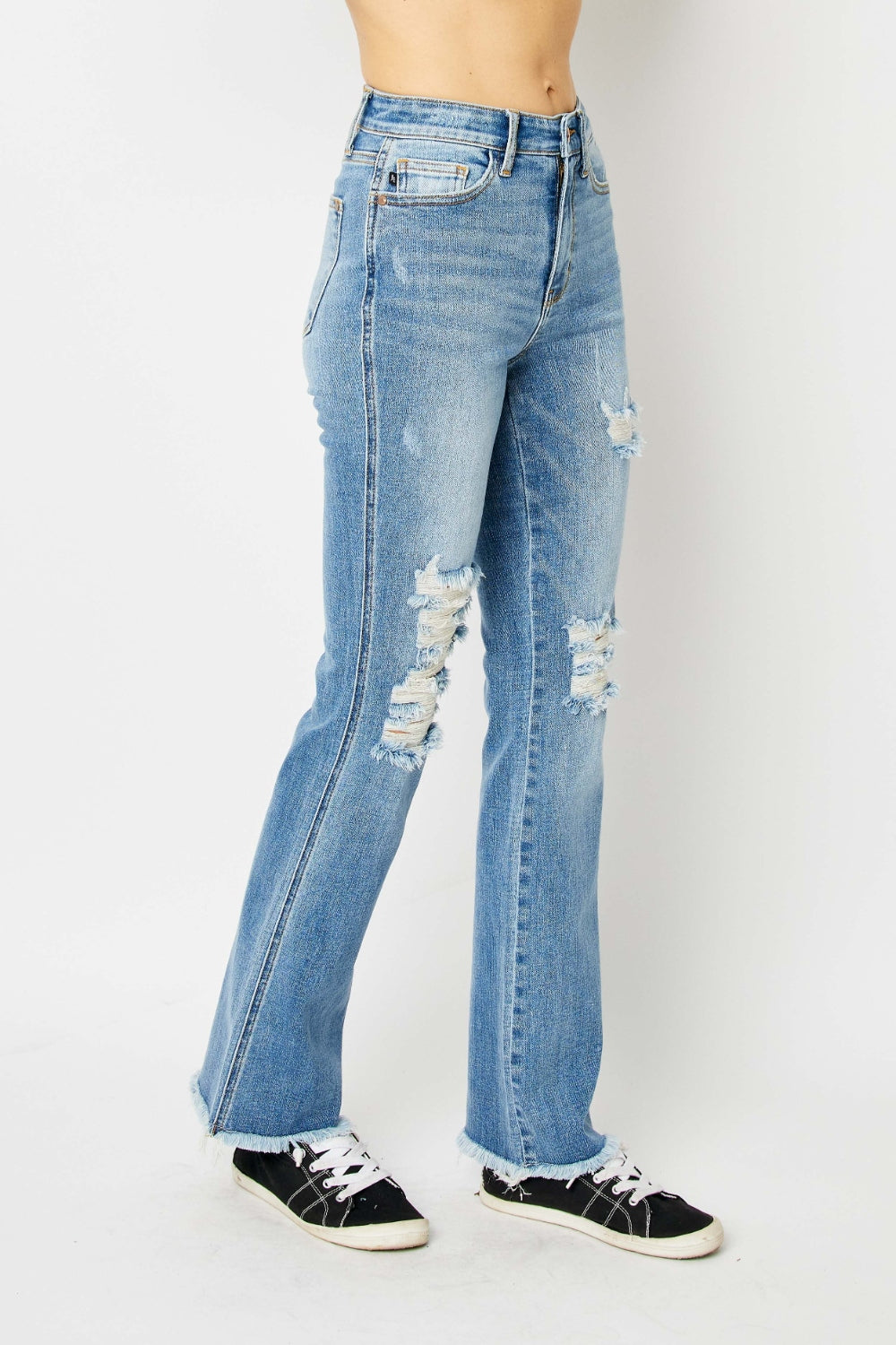 Judy Blue Full Size Distressed Raw Hem Bootcut Jeans - Corinne's Boutique